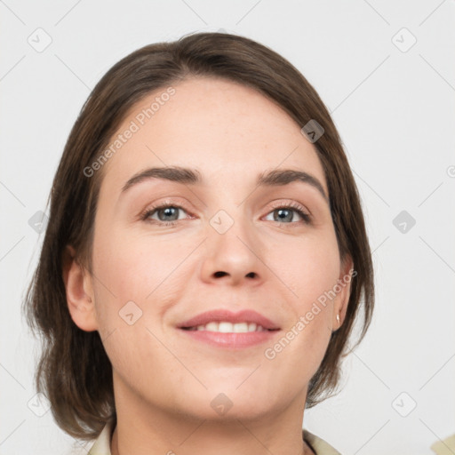 Joyful white young-adult female with medium  brown hair and grey eyes