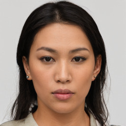 Neutral asian young-adult female with long  brown hair and brown eyes