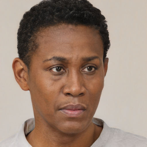 Neutral black adult female with short  black hair and brown eyes
