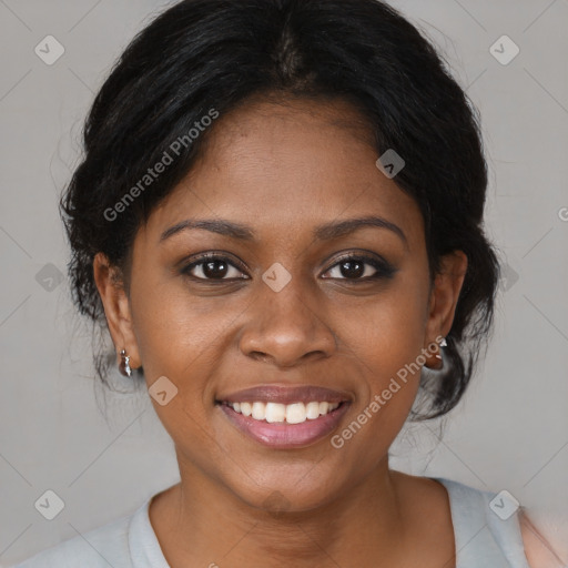 Joyful black young-adult female with medium  brown hair and brown eyes