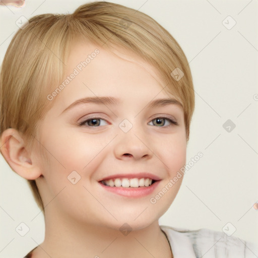 Joyful white child female with short  brown hair and brown eyes