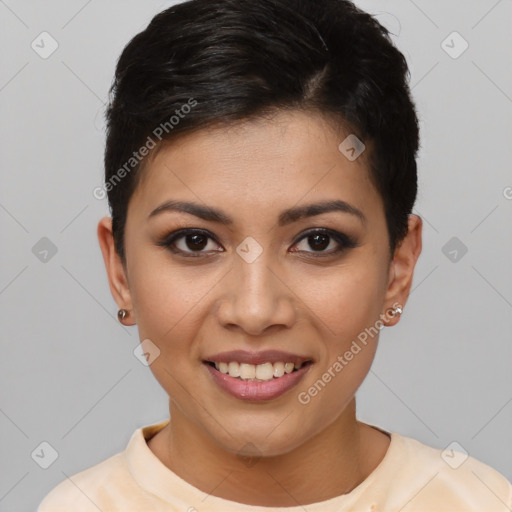 Joyful black young-adult female with short  brown hair and brown eyes