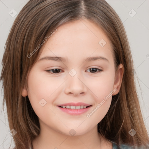 Joyful white child female with long  brown hair and brown eyes