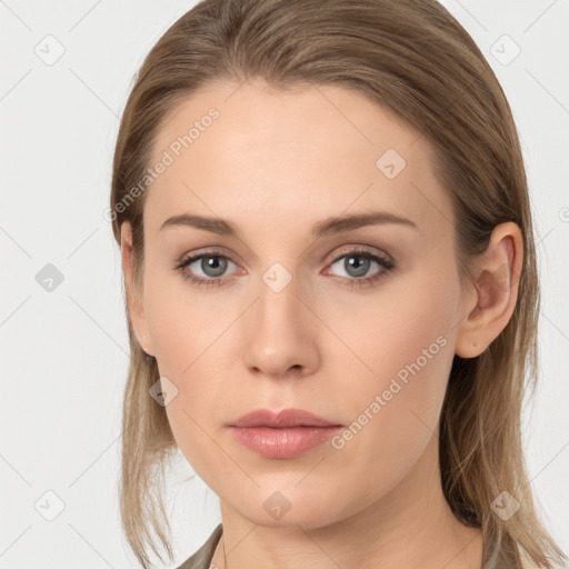 Neutral white young-adult female with long  brown hair and grey eyes