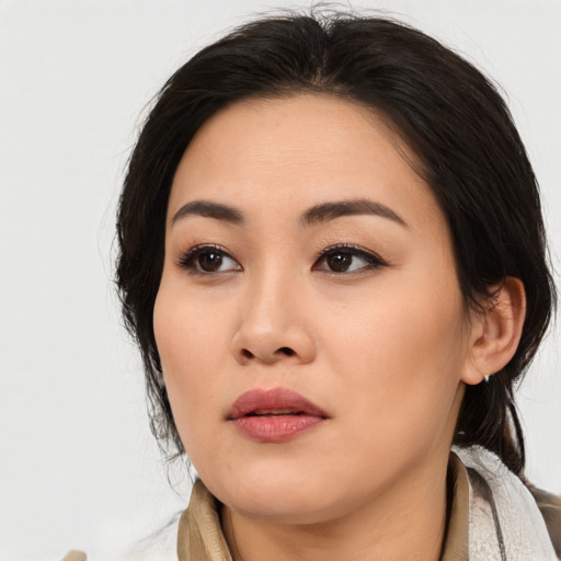 Neutral asian young-adult female with medium  brown hair and brown eyes