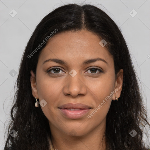 Joyful latino young-adult female with long  brown hair and brown eyes