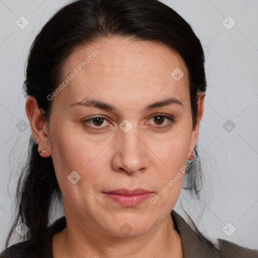 Neutral white adult female with medium  brown hair and brown eyes