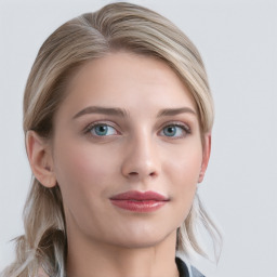 Joyful white young-adult female with medium  brown hair and blue eyes