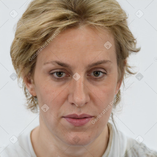 Joyful white adult female with medium  brown hair and blue eyes