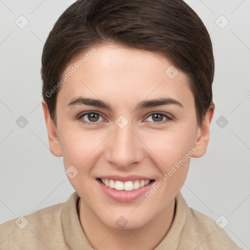 Joyful white young-adult female with short  brown hair and brown eyes