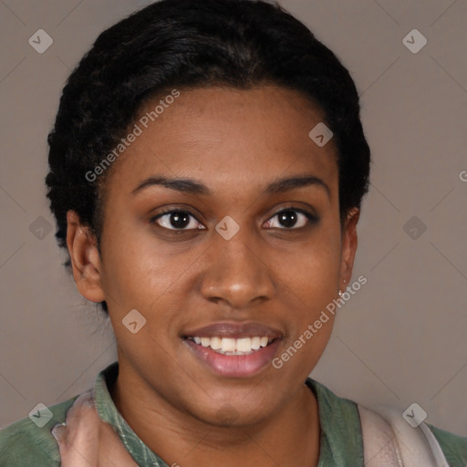 Joyful latino young-adult female with short  black hair and brown eyes