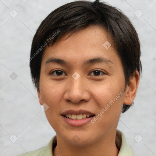 Joyful white young-adult female with short  brown hair and brown eyes