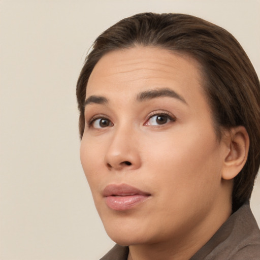 Neutral white young-adult female with short  brown hair and brown eyes