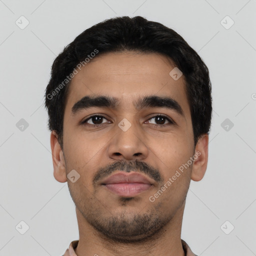 Neutral latino young-adult male with short  black hair and brown eyes
