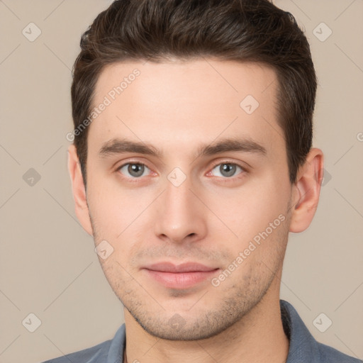 Neutral white young-adult male with short  brown hair and brown eyes