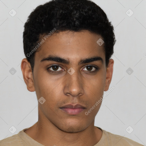 Neutral latino young-adult male with short  black hair and brown eyes