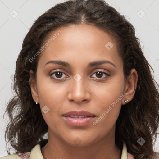 Joyful white young-adult female with long  brown hair and brown eyes