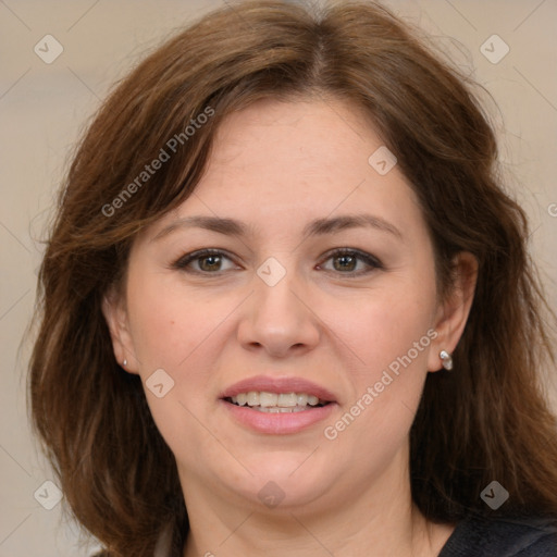 Joyful white adult female with medium  brown hair and brown eyes