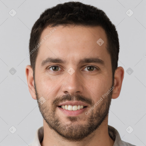 Joyful white young-adult male with short  brown hair and brown eyes