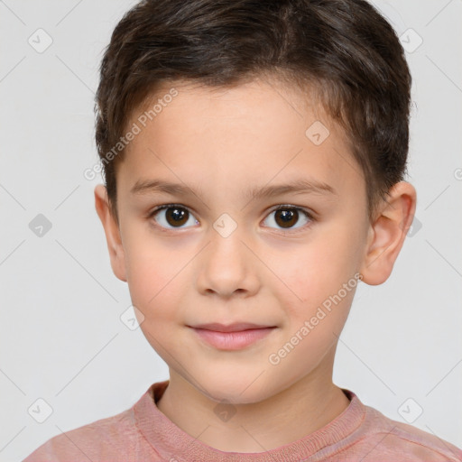 Joyful white child male with short  brown hair and brown eyes