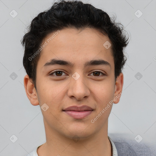 Joyful latino young-adult male with short  brown hair and brown eyes