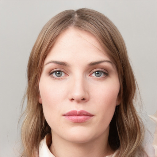 Neutral white young-adult female with medium  brown hair and grey eyes