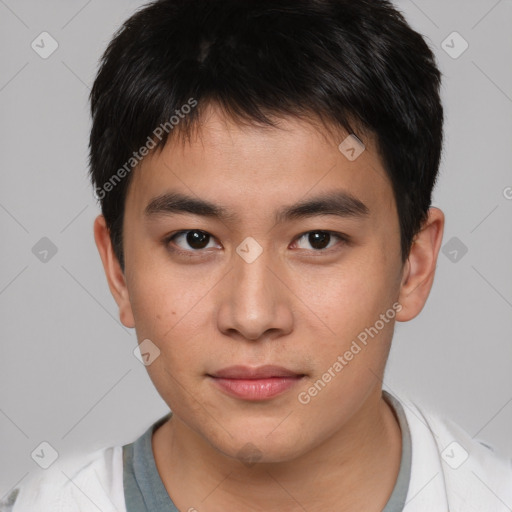 Neutral asian young-adult male with short  brown hair and brown eyes