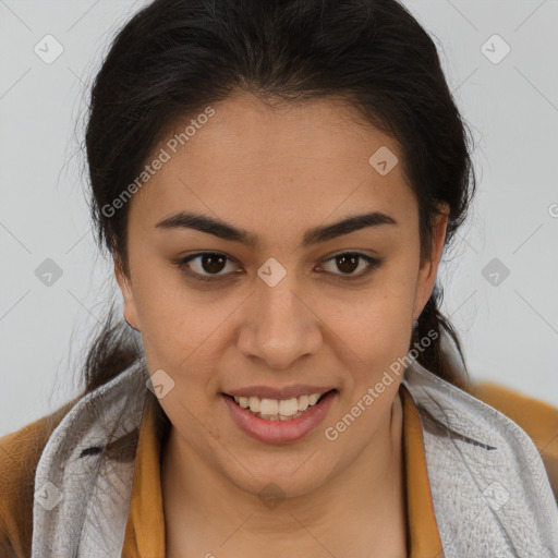 Joyful latino young-adult female with medium  brown hair and brown eyes