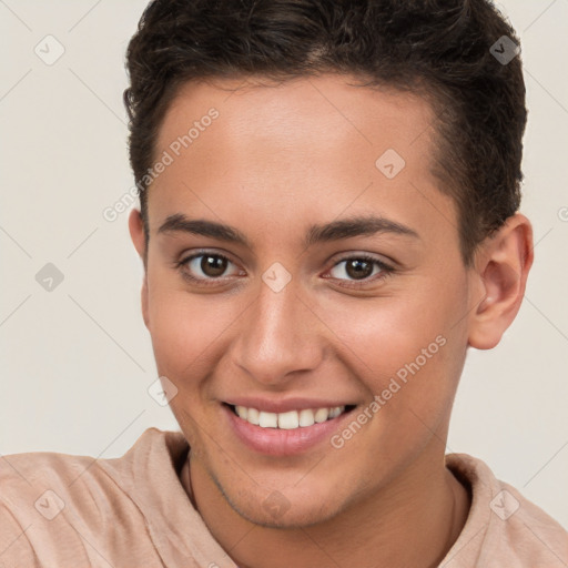 Joyful white young-adult female with short  brown hair and brown eyes