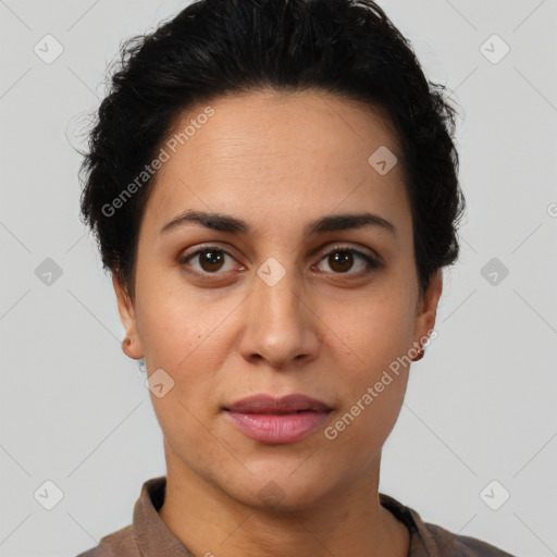 Joyful latino young-adult female with short  brown hair and brown eyes