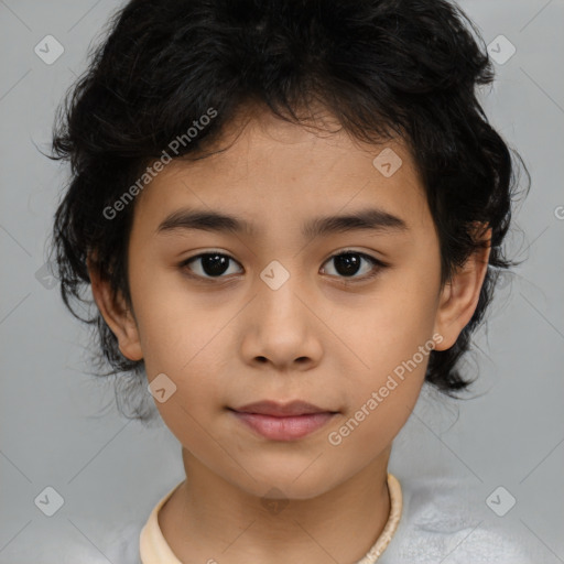 Joyful asian child female with medium  brown hair and brown eyes