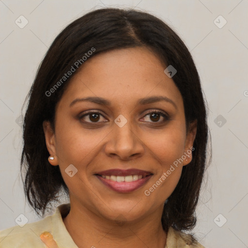 Joyful latino young-adult female with medium  brown hair and brown eyes