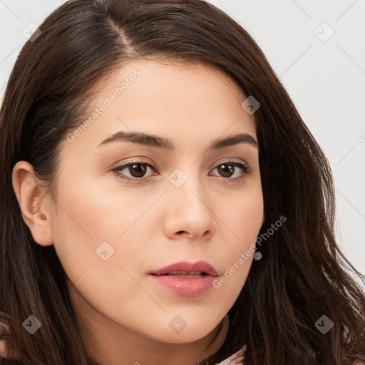 Neutral white young-adult female with long  brown hair and brown eyes