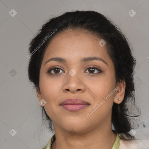 Joyful latino young-adult female with medium  black hair and brown eyes