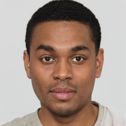 Neutral black young-adult male with short  black hair and brown eyes
