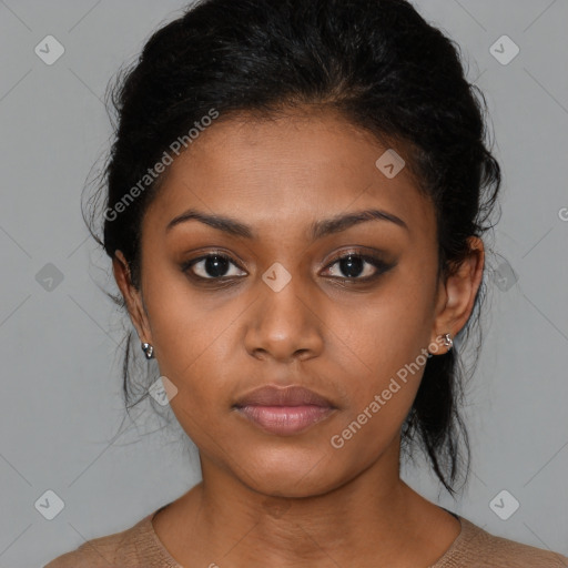 Neutral black young-adult female with medium  brown hair and brown eyes