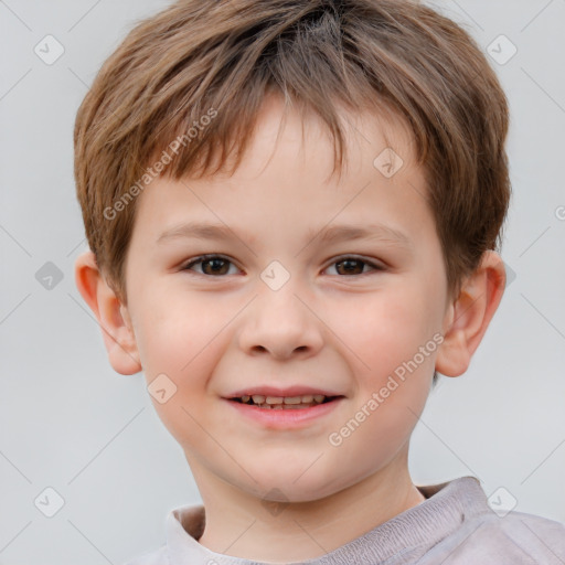 Joyful white child male with short  brown hair and brown eyes