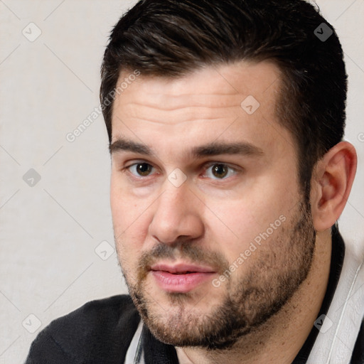 Neutral white young-adult male with short  brown hair and brown eyes