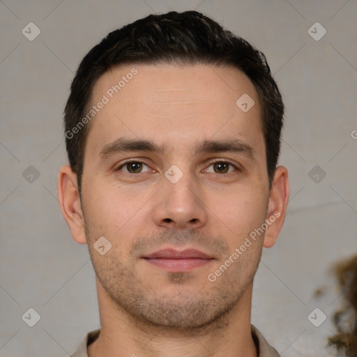 Neutral white young-adult male with short  brown hair and brown eyes