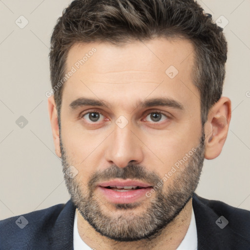 Neutral white young-adult male with short  brown hair and brown eyes