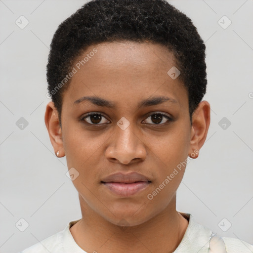 Joyful black young-adult female with short  brown hair and brown eyes