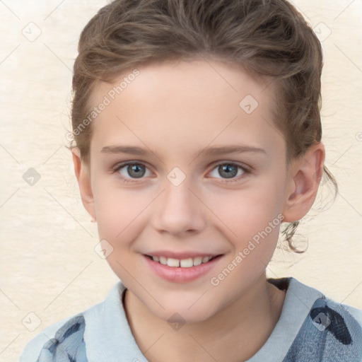 Joyful white child female with short  brown hair and brown eyes