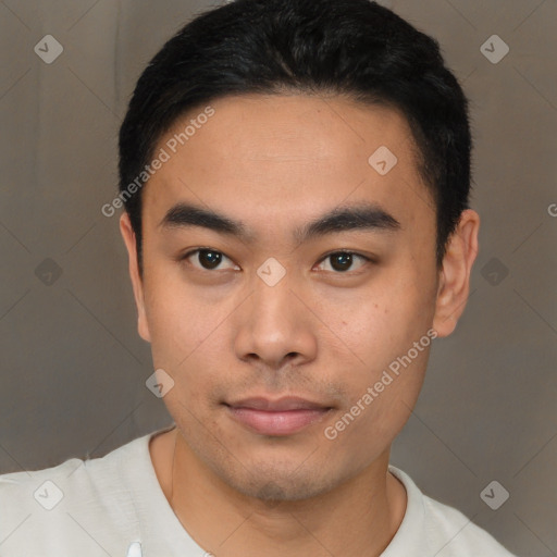 Neutral asian young-adult male with short  black hair and brown eyes