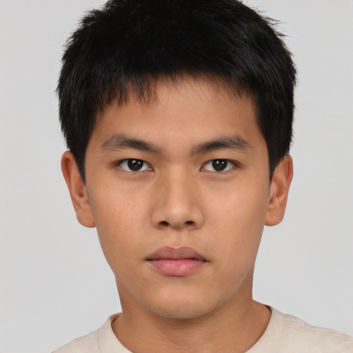 Neutral asian young-adult male with short  brown hair and brown eyes