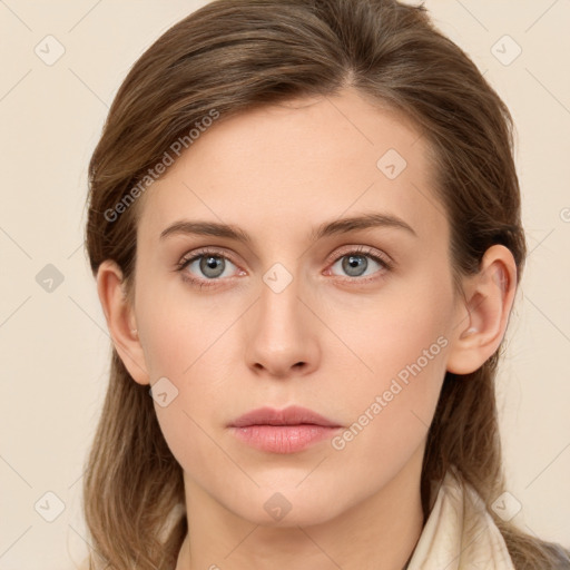 Neutral white young-adult female with long  brown hair and grey eyes