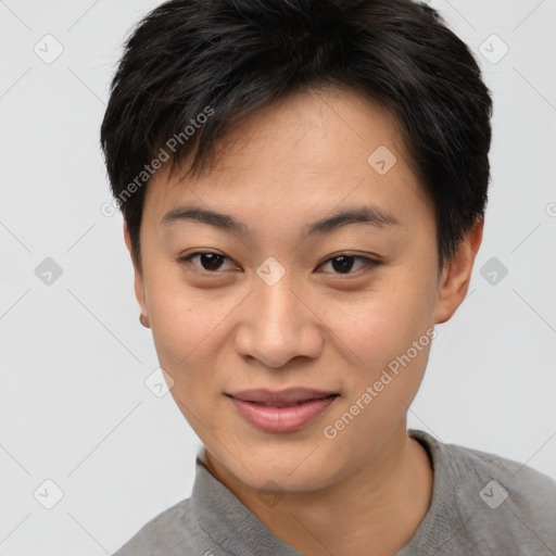 Joyful asian young-adult female with short  brown hair and brown eyes