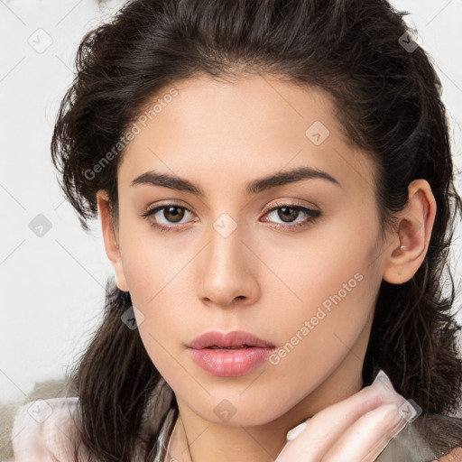 Neutral white young-adult female with medium  brown hair and brown eyes