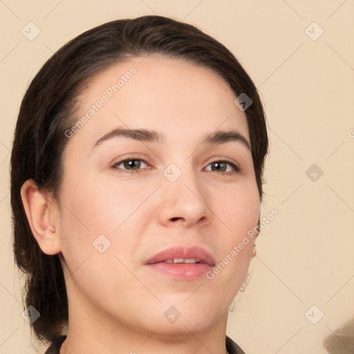 Neutral white young-adult female with medium  brown hair and brown eyes