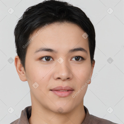 Joyful asian young-adult female with short  brown hair and brown eyes