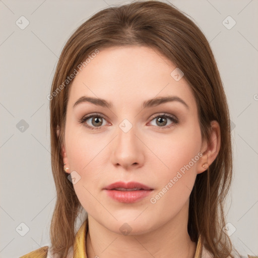 Neutral white young-adult female with medium  brown hair and brown eyes